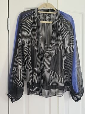 Sheer Black Geometric V-Neck Blouse